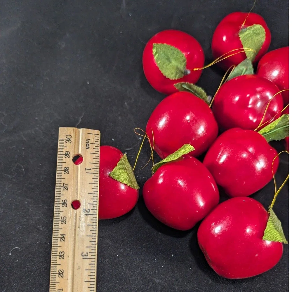 Vintage Style Red Faux Apple Ornaments with Woven Wood Berry‎ Basket Set of 13
